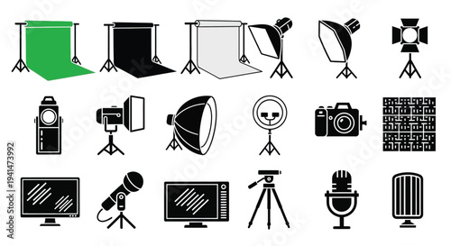 Various photography and videography equipment icons in a flat style silhouette