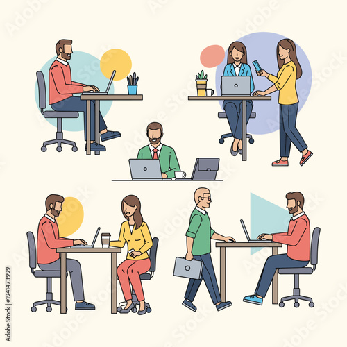 Diverse group of professionals engaged in various tasks within a modern office environment, illustrating teamwork, digital communication, and productivity