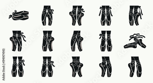 Collection of pointe shoes displayed in various views a dark silhouette