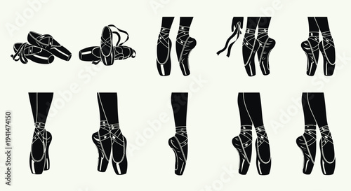 Ballet shoes in various positions detailed black graphic illustration silhouette