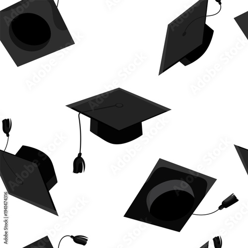 Seamless pattern with black graduation caps on light background education concept for graduation cards banners posters wrapping paper textile web design and academic branding.Vector illustration