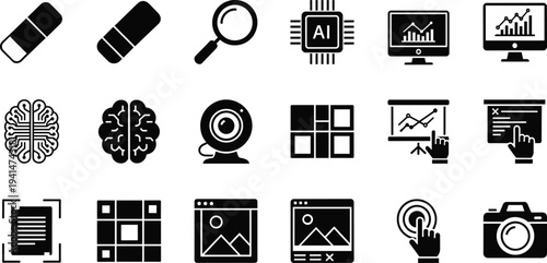Collection of technology icons featuring artificial intelligence brains data analytics cameras and monitors for modern digital software development and design,