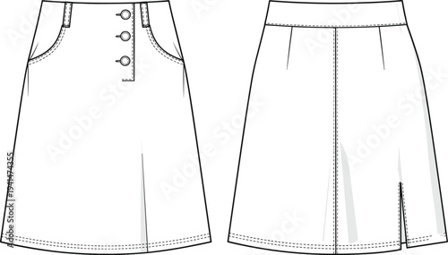 Button front mini skirt fashion flat sketch, womens high waisted a-line skirt CAD technical drawing, front and back vector template