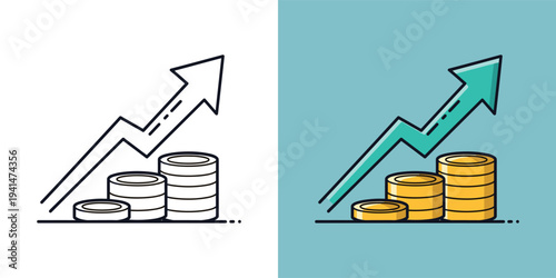 Visual representation of financial growth and success with a rising arrow and increasing coin stacks, symbolizing investment profit and prosperity