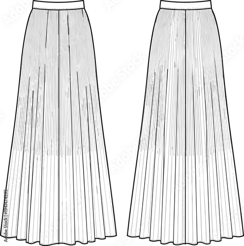 Womens pleated maxi skirt fashion flat sketch, long accordion pleat skirt CAD technical drawing, front and back view vector template