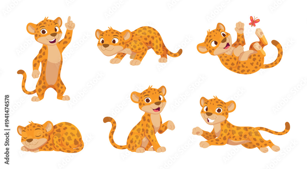 Obraz premium Cartoon jaguar. Walking running and jumping wild cheetah or leopard exact vector sported animal