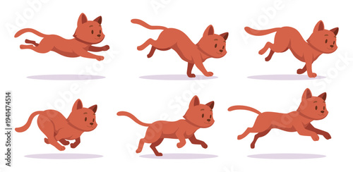Running cat. Dynamic kitten action poses exact vector illustration of pets activity
