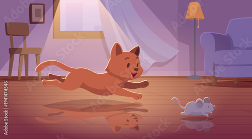 Background cat. Happy cartoon cat running exact vector illustration template