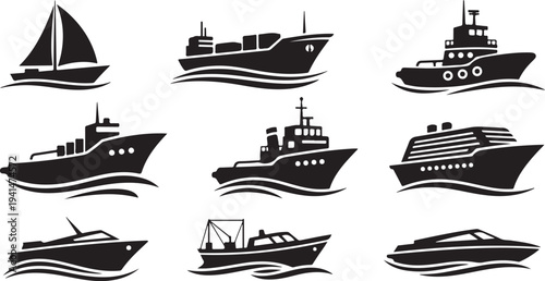 Collection of various boat and ship silhouettes on water