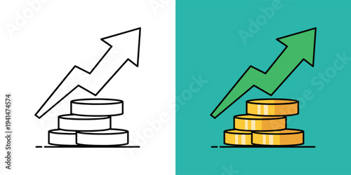 Dynamic financial growth concept with rapidly rising profit arrow and stacked coins in a vibrant vector illustration set, symbolizing business success and investment returns