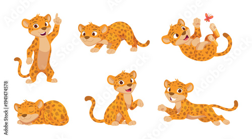 Cartoon jaguar. Walking running and jumping wild cheetah or leopard exact vector sported animal