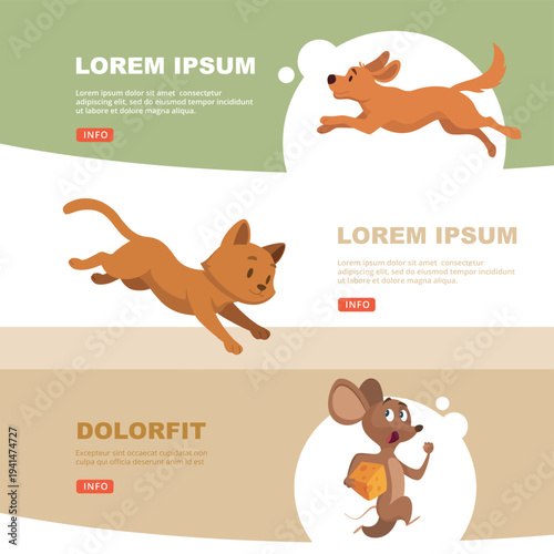 Cat and dog. playing pets on vector banners with place for text