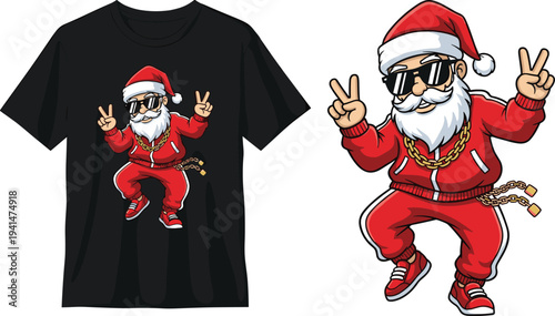 Hip hop Santa Claus vector illustration, cool Christmas character with sunglasses and gold chain on t-shirt mockup, flat vector illustration.