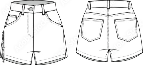 Women's denim shorts technical flat sketch, high waisted jean shorts CAD drawing, front and back view, cad drawing flat vector illustration.