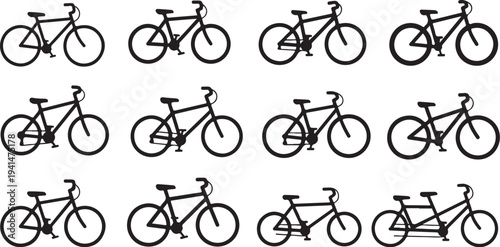 Multiple bicycles in a row on white background illustration