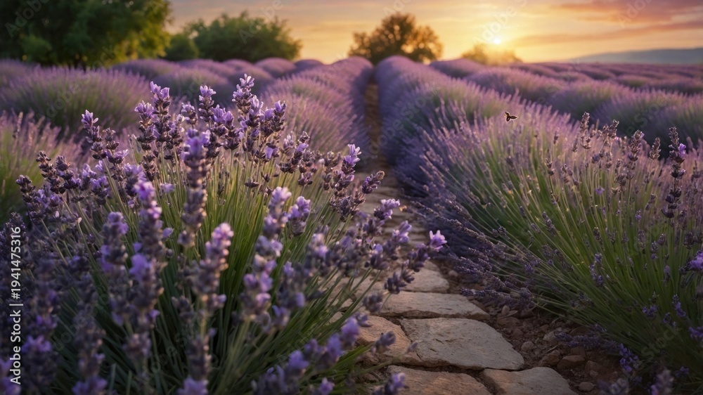 Obraz premium Serene lavender field at sunset with vibrant flowers, stone path leading through lush greenery