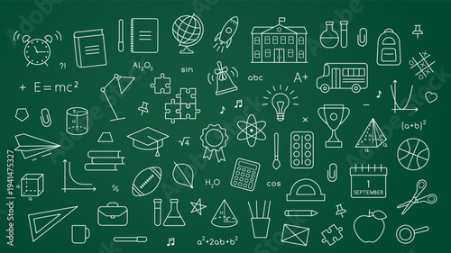 School line icons. Back to school background. Set education objects on green chalkboard. Symbols in flat outline design. Collection study supplies, stationery. Elements isolated. Vector illustration