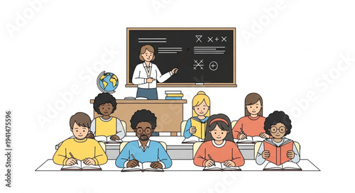 Diverse group of students in a classroom learning from a teacher.