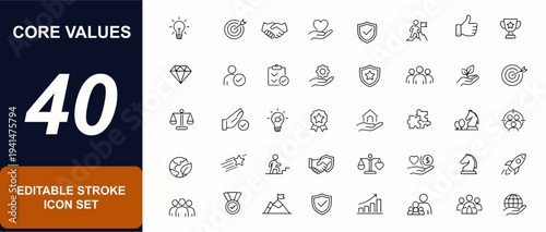 Core values editable icon set. Leadership ethics, integrity principles, innovation strategy, quality standards, teamwork collaboration, trust shield, growth mindset, Vector illustration.