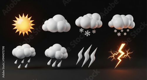 Collection of Weather Icons and Symbols on Black Background.