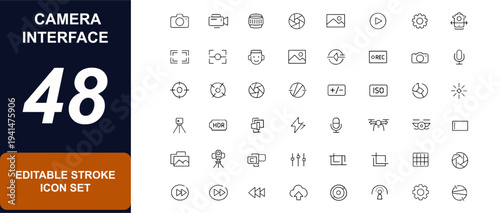 Camera interface web icons in line style. Lens aperture, shutter control, focus frame, exposure meter, video record, studio camera, UI buttons. Editable stroke. Vector illustration.