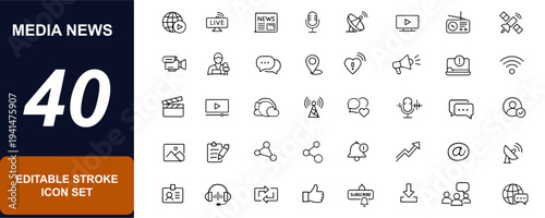 Media news web icons in line style. Broadcasting, blogging, social network, video streaming, journalism, microphone, satellite, newsroom. Editable stroke. Vector illustration.