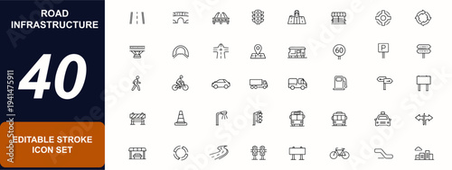 Road infrastructure editable line icon set. Bridge, highway, crosswalk, tunnel, parking, sidewalk, engineering, urban planning, roadway. Editable stroke. Vector illustration.