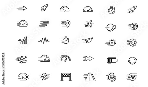Speed web icons in line style set. Performance gauge, turbo meter, velocity arrow, rocket boost, stopwatch timer, engine throttle, dashboard control. Editable stroke. Vector illustration.