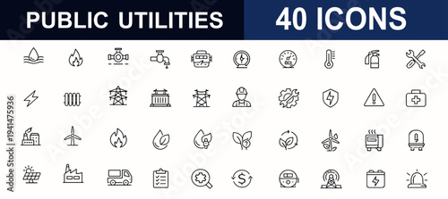 Public utilities web icons in line style. Infrastructure, energy supply, gas meter, power grid, water pipe, heating boiler, safety control. Editable stroke. Vector illustration.
