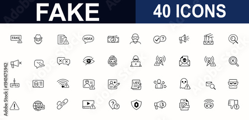 Fake web icons in line style set. Scam alert, fraud shield, phishing profile, rumor signal, forgery mask, propaganda media. Editable stroke. Vector illustration.