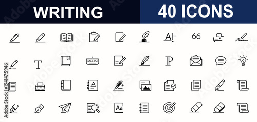 Writing web icons in line style. Notebook, pen tool, document edit, handwriting note, pencil sketch, author script, ink signature, text layout. Editable stroke. Vector illustration.