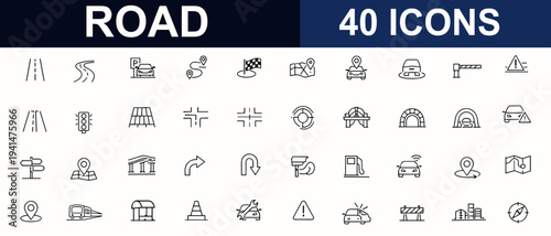 Road web icons in line style. Traffic light, signpost, highway, crosswalk, GPS, roundabout, intersection, map, directions, navigation. Editable stroke. Vector illustration.