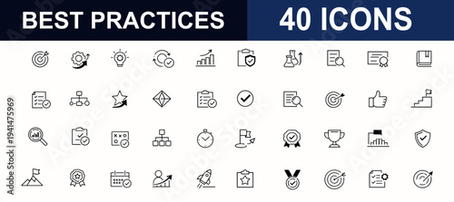 Best practices web icons in line style. Checklist workflow strategy standards certificate approval badge quality improvement management system. Editable stroke. Vector illustration.
