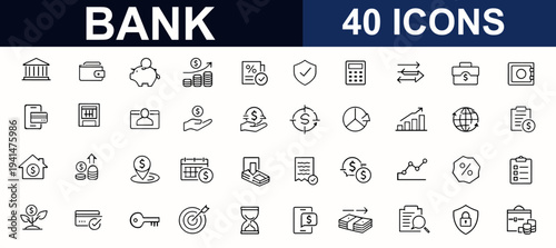 Bank web icons in line style. Digital wallet, ATM, online banking, credit card, savings, investment chart, secure vault. Editable stroke. Vector illustration.