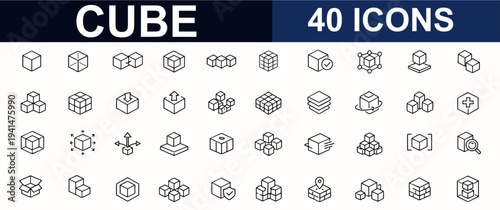 Cube web icons in line style, geometric isometric shape symbols. Modular block, abstract structure, polygon form, architecture model, container sign. Editable stroke. Vector illustration.