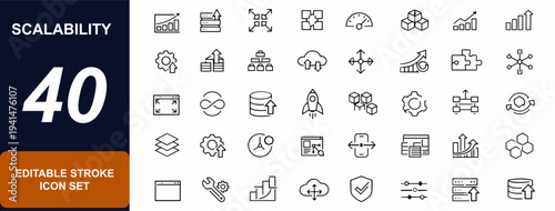 Scalability web icons in line style. Capacity growth, modular design, elastic interface, network arrow, performance upgrade, business efficiency. Editable stroke. Vector illustration.