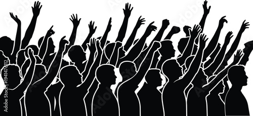 Silhouette of Diverse Crowd with Raised Hands in Protest Rally or Celebration Gathering Vector Illustration