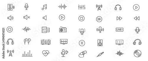 Audio web icons in line style. Speaker, microphone, sound wave, music control, equalizer, broadcast signal, wireless headset, stereo set. Editable stroke. Vector illustration.