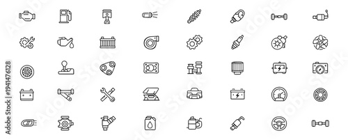Automotive car parts web icons in line style. Engine, piston, gearbox, brake system, tire, battery, fuel pump, chassis, radiator, mechanic. Editable stroke. Vector illustration.