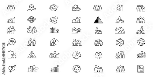 Population migration census web icons in line style. Infographic, urban density, fertility, citizen group, diversity, pyramid, immigration, society. Editable stroke. Vector illustration.