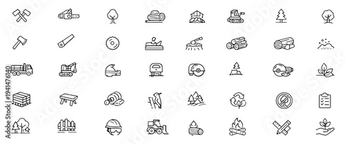 Lumberjack web icons in line style. Timber harvesting, chainsaw cutting, forestry tools, axe equipment, sawdust woodwork, logging symbols. Editable stroke. Vector illustration.