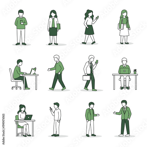 Illustrative concept of modern people's daily routines, professional engagements, and digital interactions, showcasing a range of activities and diverse individuals