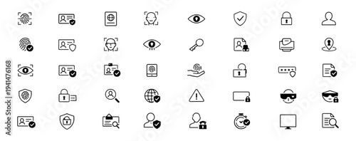 Biometric verification web icons in line style. Fingerprint scan, ID card, passport check, access control, privacy shield, face recognition. Editable stroke. Vector illustration.