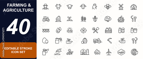 Farming and agriculture web icons in line style. Livestock, tractor, wheat, corn, windmill, organic farming, honeybee, barn. Editable stroke. Vector illustration.