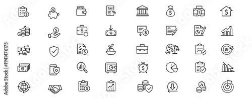 Personal finance web icons in line style. Investment planning, banking tools, budget control, savings growth, tax report, wallet money. Editable stroke. Vector illustration.