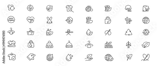 Sustainable fashion web icons in line style. Recycling badge, organic textile label, vegan garment care, renewable fiber symbol, eco accessory mark. Editable stroke. Vector illustration.