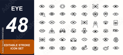 Eye web icons in line style. Surveillance, iris, focus, monitoring camera, perception, security detection, pupil anatomy, observer lens. Editable stroke. Vector illustration.