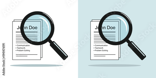 Detailed assessment and critical review of professional skills and qualifications, symbolizing thorough examination of a resume or evaluation document with a magnifying glass