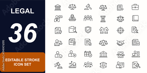 Legal web icons in line style. Courtroom, gavel, justice scales, judge, attorney, case files, contract management, legislation, jury verdict. Editable stroke. Vector illustration.