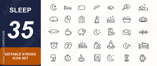 Sleep web icons in line style. Bedtime routine, moon, pillow, insomnia, dream, mattress, alarm clock, relaxation, pajamas, bedroom interface icons. Editable stroke. Vector illustration.